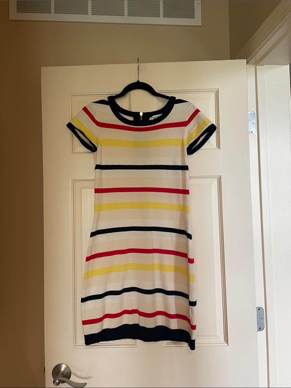 Women's Short-Sleeve Striped Knit Dress in White with Red, Yellow & Navy